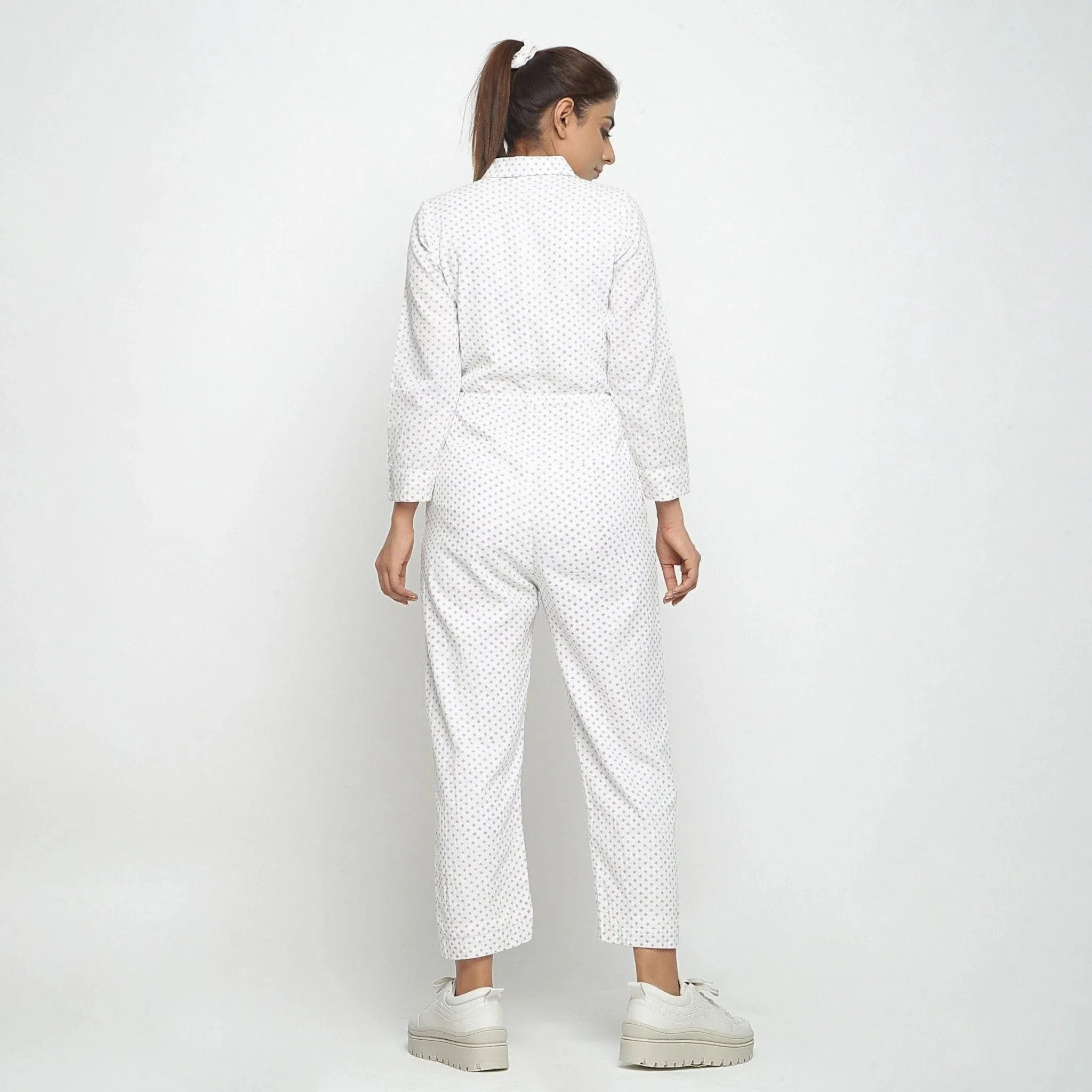 White Hand Block Printed Ankle Length Cotton Overall