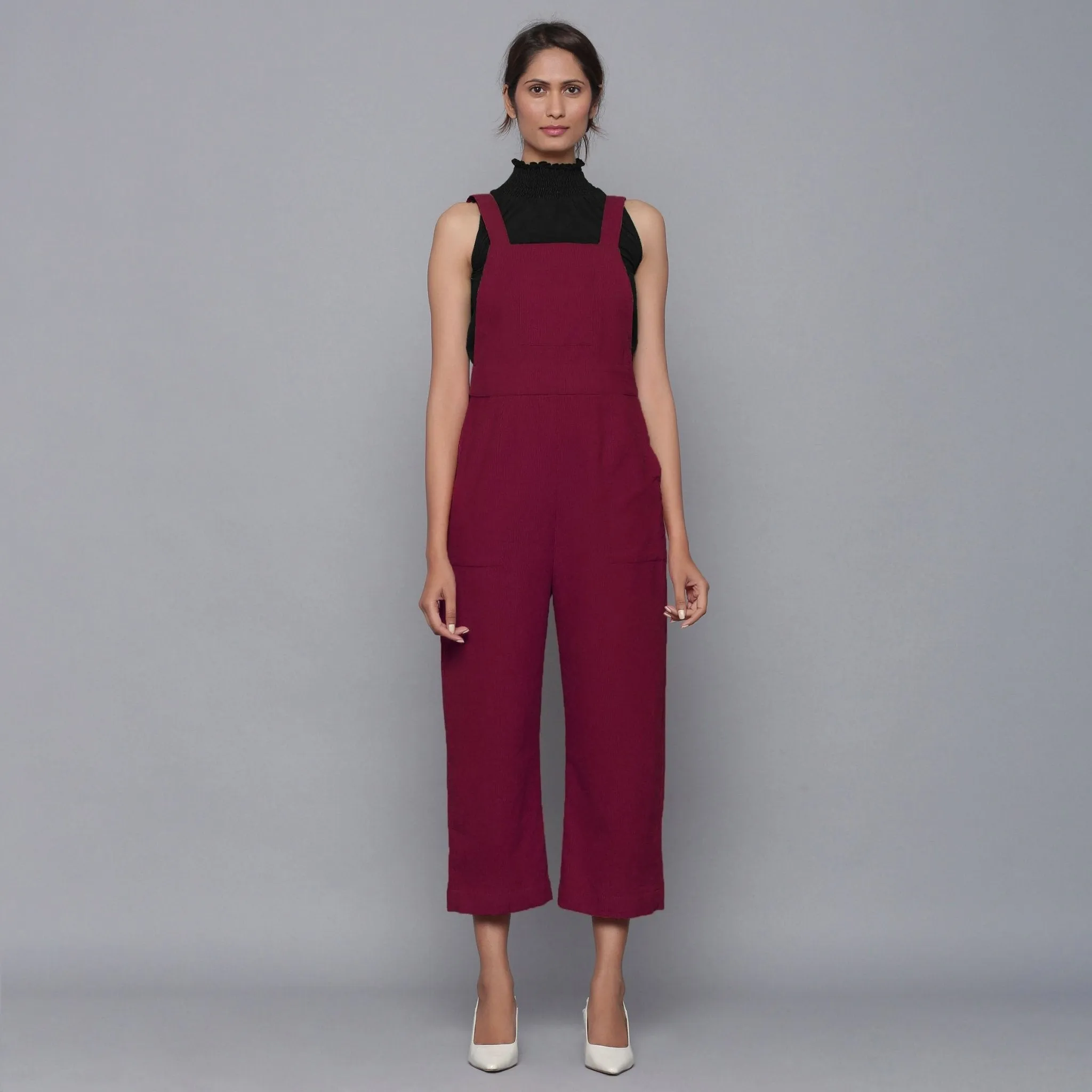 Wine Warm Cotton Corduroy Dungaree Jumpsuit