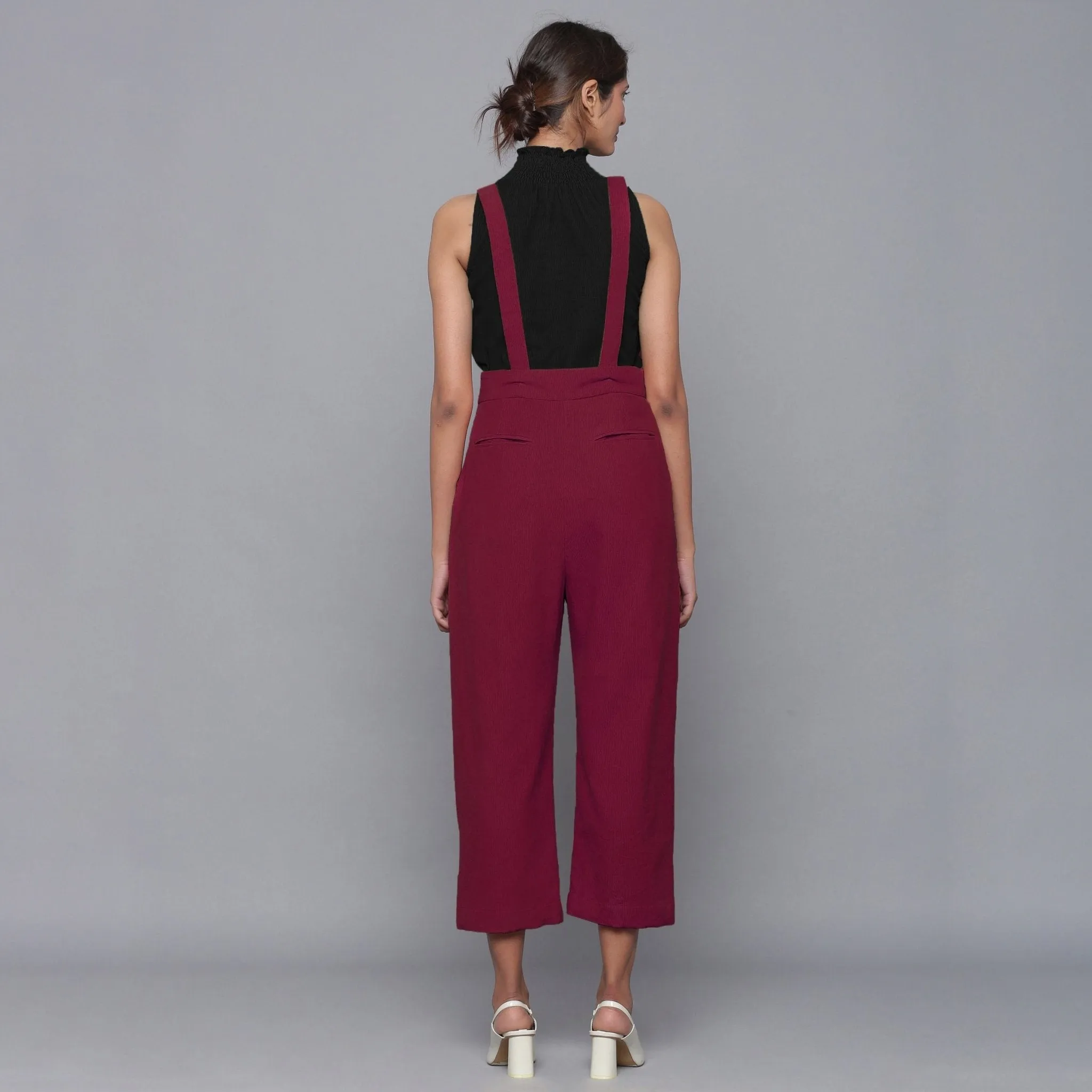 Wine Warm Cotton Corduroy Dungaree Jumpsuit