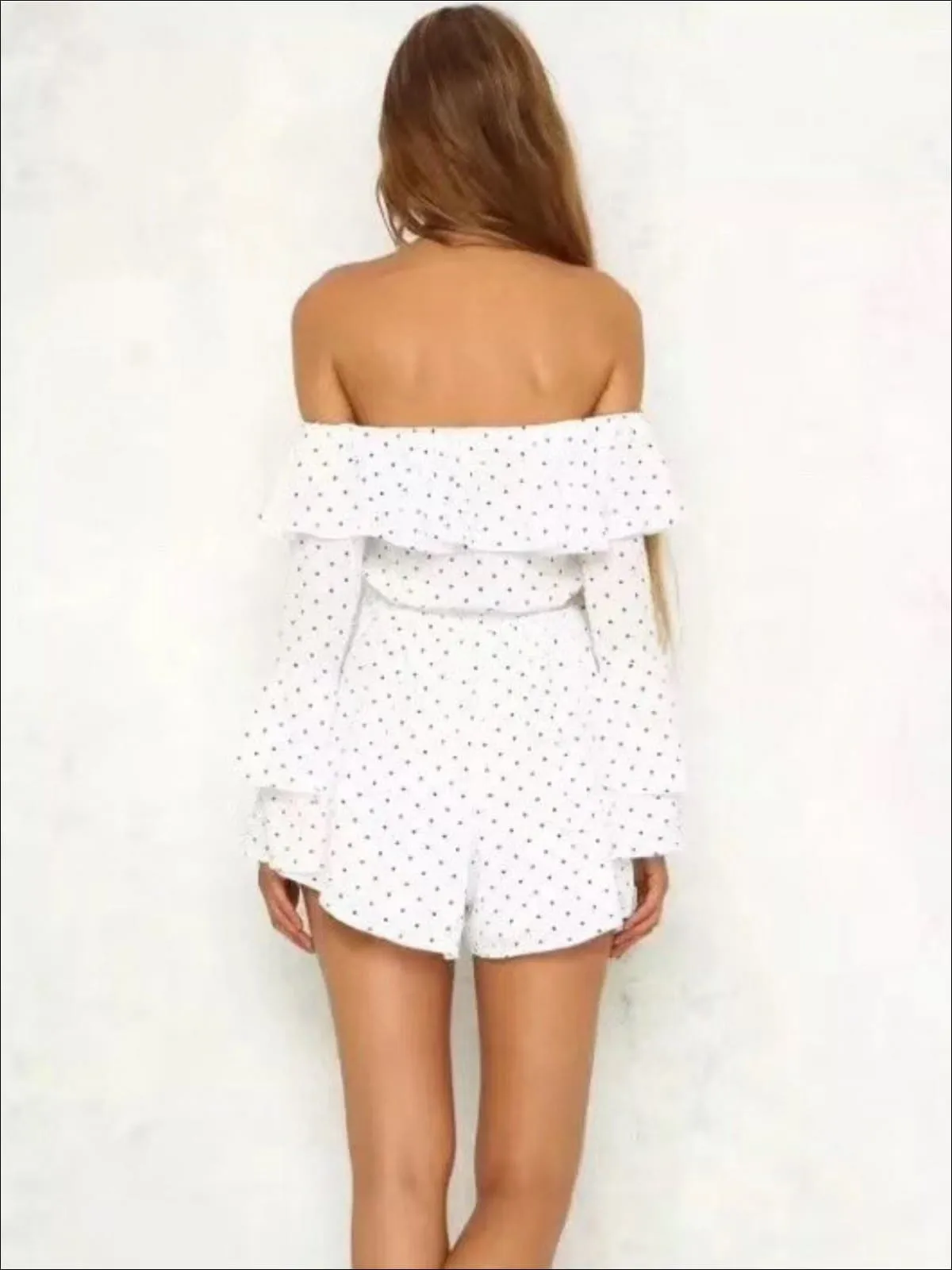 Women's Polka Dot Off The Shoulder Flare Sleeve Romper