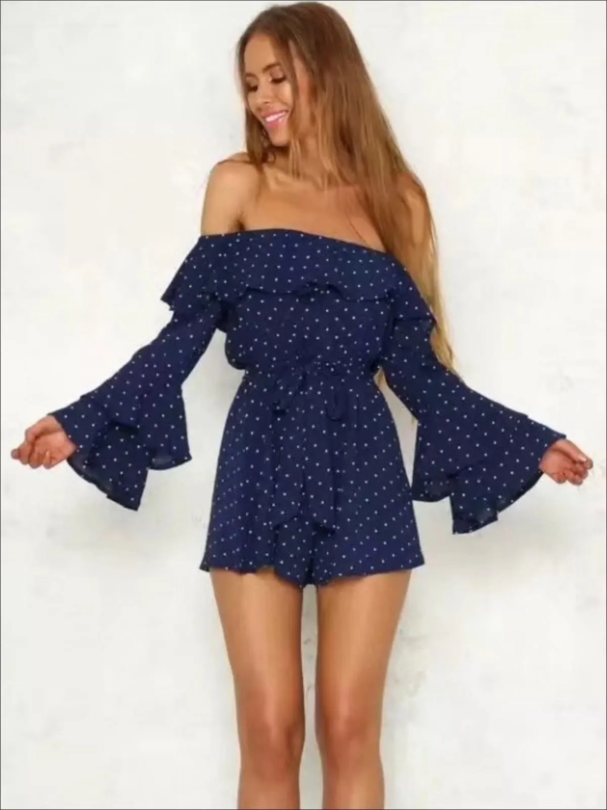 Women's Polka Dot Off The Shoulder Flare Sleeve Romper