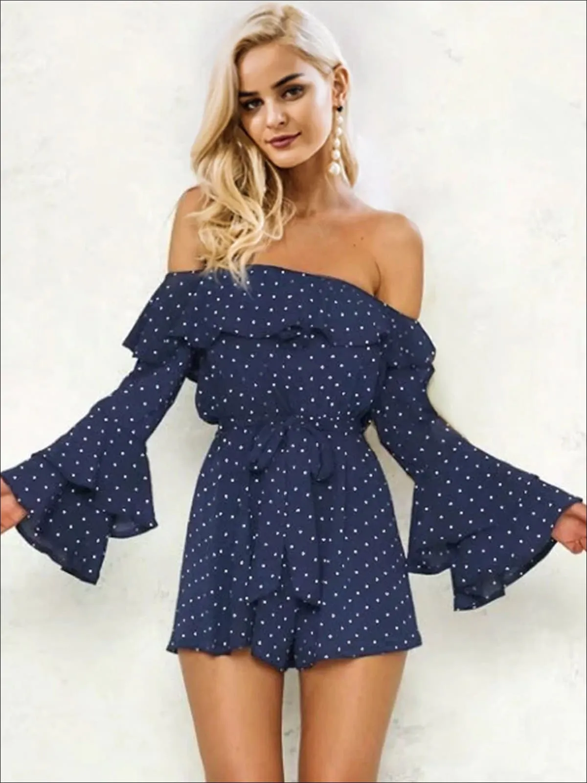 Women's Polka Dot Off The Shoulder Flare Sleeve Romper